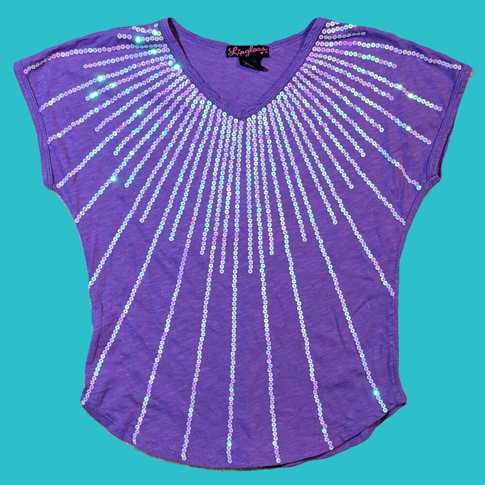 Lipgloss Y2K Girls Purple Sequin Tee Shirt Size M (10/12) Preowned